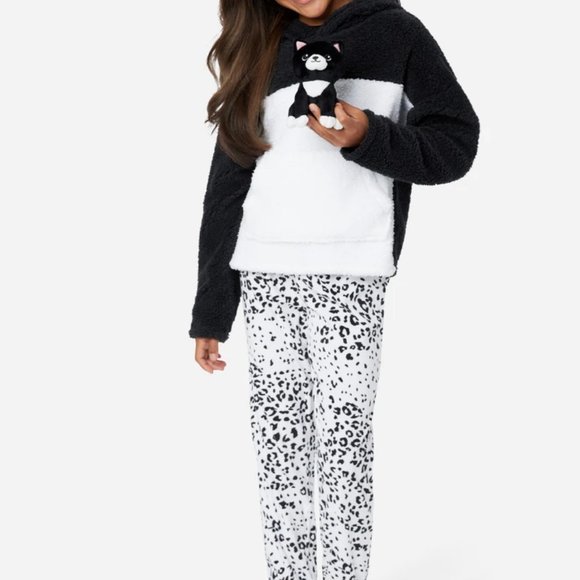 NWT 12 14 JUSTICE kitty cat TOY leopard pajamas 3 pc winter christmas panda bff - Picture 1 of 9